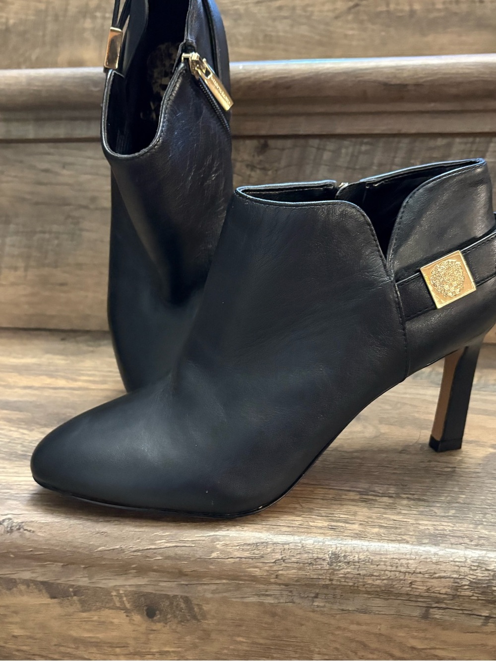 Vince Camuto Black Leather Ankle Booties with Gold Accent
